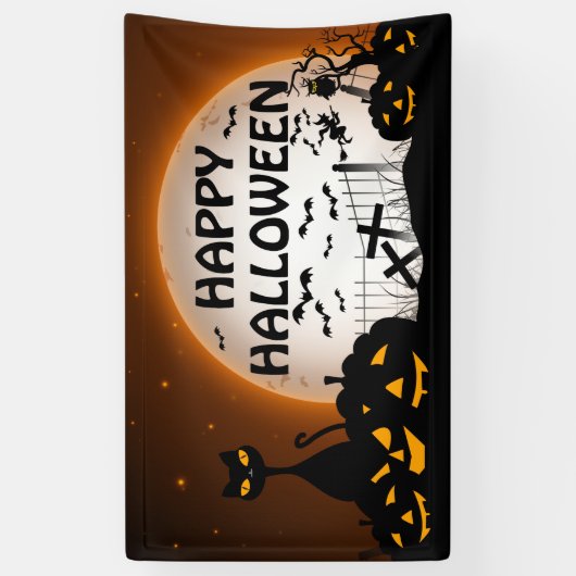 Zwarte kat en Jack o lantaarns zwart en sinaasappe Spandoek (Verticaal)