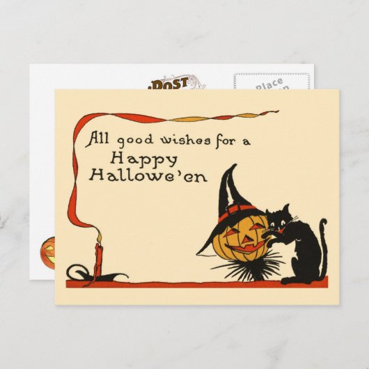 Zwarte kat en Jack-o-Lantern Briefkaart (Voorkant / Achterkant)