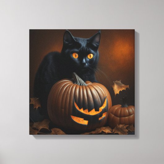 Zwarte Kat en Jack-O-Lantern Canvas Afdruk (Voorkant)