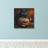 Zwarte Kat en Jack-O-Lantern Canvas Afdruk (Insitu (Houten vloer))