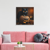 Zwarte Kat en Jack-O-Lantern Canvas Afdruk (Insitu (Woonkamer))