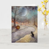 Zwarte kat en Jack-o-Lantern Fantasy Art Kaart (Gele Bloem)