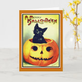 Zwarte kat en Jack O' Lantern Halloween kaart (Gele Bloem)