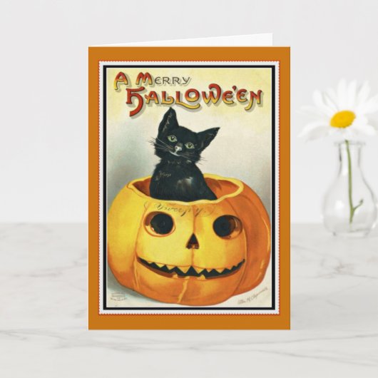 Zwarte kat en Jack O' Lantern Halloween kaart (Kleine Plant)