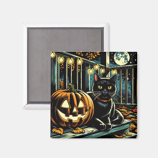 Zwarte kat en Jack-O-Lantern Halloween Magneet (Voorkant / Achterkant)