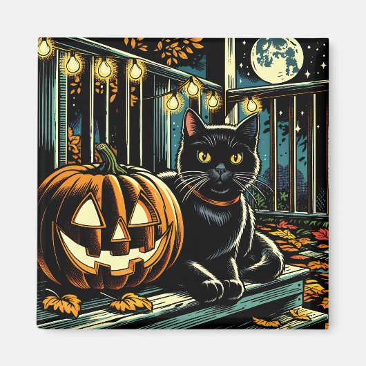 Zwarte kat en Jack-O-Lantern Halloween Magneet (Voorkant)