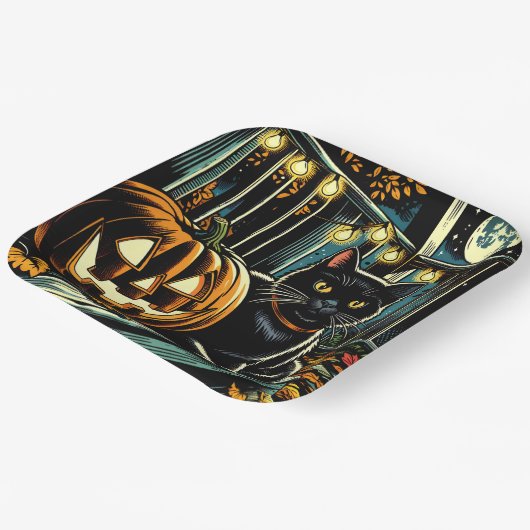Zwarte kat en Jack-O-Lantern Halloween Papieren Bordje (Gebogen)