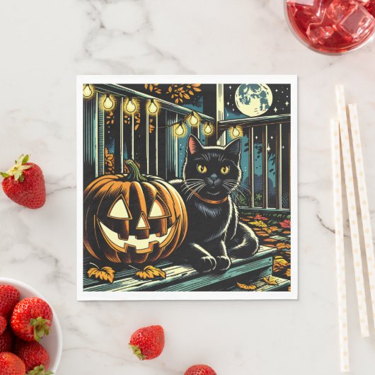 Zwarte kat en Jack-O-Lantern Halloween Servet (Insitu)