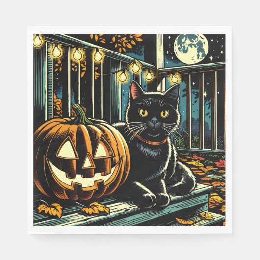 Zwarte kat en Jack-O-Lantern Halloween Servet (Voorkant)