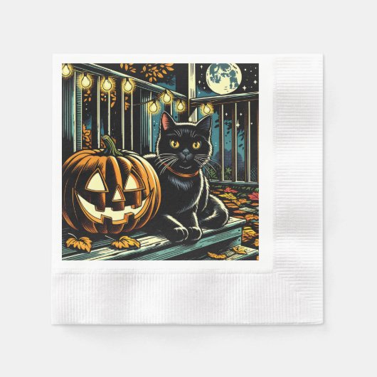 Zwarte kat en Jack-O-Lantern Halloween Servet (Voorkant)