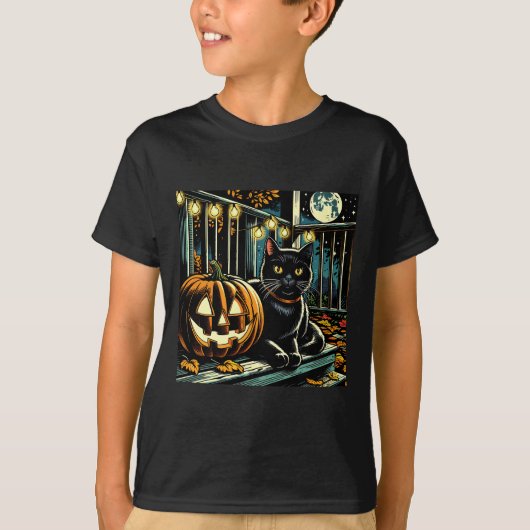 Zwarte kat en Jack-O-Lantern Halloween T-shirt (Voorkant)