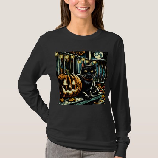 Zwarte kat en Jack-O-Lantern Halloween T-shirt (Voorkant)