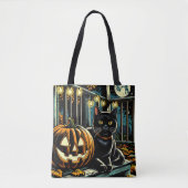 Zwarte kat en Jack-O-Lantern Halloween Tote Bag (Voorkant)