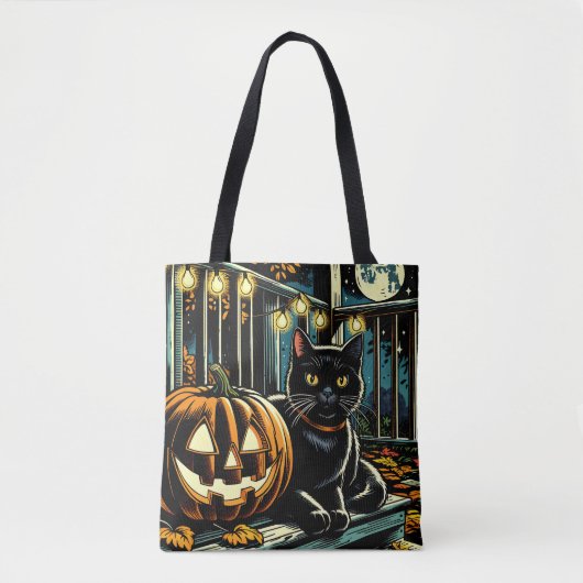 Zwarte kat en Jack-O-Lantern Halloween Tote Bag (Voorkant)