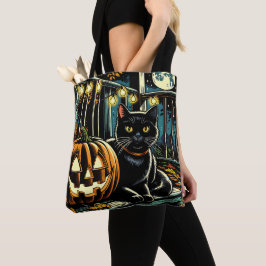 Zwarte kat en Jack-O-Lantern Halloween Tote Bag