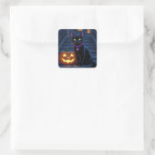 Zwarte kat en Jack-O-Lantern Halloween Vierkante Sticker (Tas)