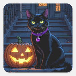 Zwarte kat en Jack-O-Lantern Halloween Vierkante Sticker
