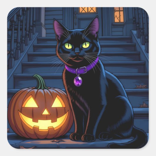 Zwarte kat en Jack-O-Lantern Halloween Vierkante Sticker (Voorkant)