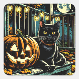 Zwarte kat en Jack-O-Lantern Halloween Vierkante Sticker