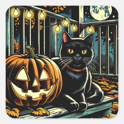 Zwarte kat en Jack-O-Lantern Halloween Vierkante Sticker (Voorkant)