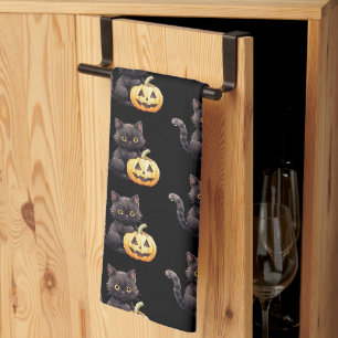Zwarte Kat en Jack-O' Lantern Patroon Halloween Theedoek