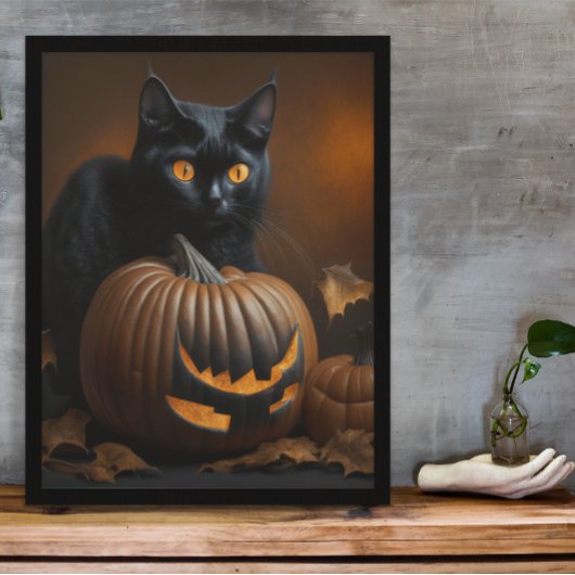 Zwarte Kat en Jack-O-Lantern Poster