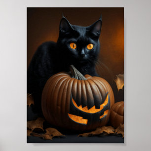 Zwarte Kat en Jack-O-Lantern Poster