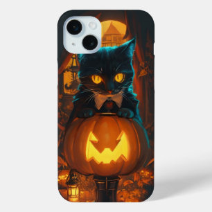 Zwarte kat en Jack olielantaarn iPhone 15 Mini Hoesje