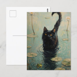 Zwarte kat en kikker in Lily Pond Briefkaart
