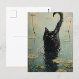 Zwarte kat en kikker in Lily Pond Briefkaart