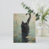 Zwarte kat en kikker in Lily Pond Briefkaart (Staand voorkant)