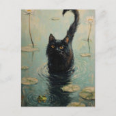Zwarte kat en kikker in Lily Pond Briefkaart (Voorkant)