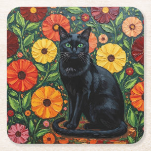 Zwarte Kat en Kleurrijke Volkskunst Bloemen Kartonnen Onderzetters