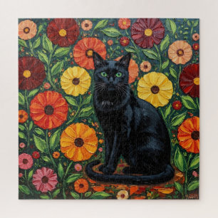 Zwarte Kat en Kleurrijke Volkskunst Bloemen Legpuzzel