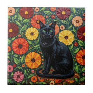 Zwarte Kat en Kleurrijke Volkskunst Bloemen Tegeltje