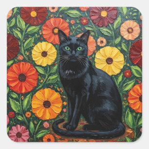 Zwarte Kat en Kleurrijke Volkskunst Bloemen Vierkante Sticker