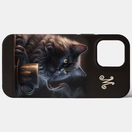 Zwarte kat en koffie met monogram Case-Mate iPhone case (Achterkant (horizontaal))