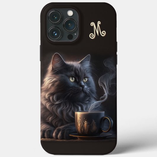 Zwarte kat en koffie met monogram Case-Mate iPhone case (Achterkant)