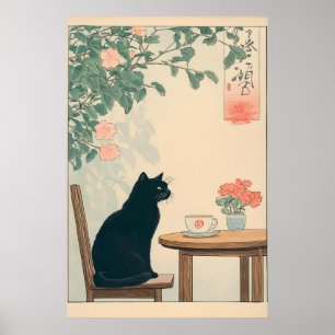 Zwarte Kat En Koffie Print Ukiyo-e Japandi Kunst