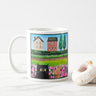 Zwarte Kat en Konijn in Tulpenbed Cute Kunst Koffiemok