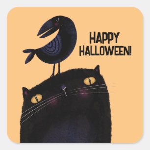 Zwarte kat en kraai vierkante sticker