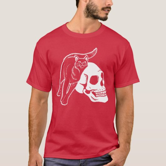 Zwarte kat en menselijk skelet Punk Gothic schedel T-shirt (Voorkant)
