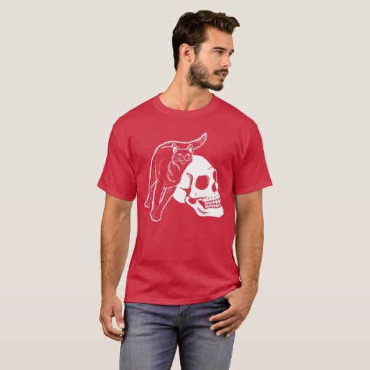 Zwarte kat en menselijk skelet Punk Gothic schedel T-shirt (Voorkant volledig)