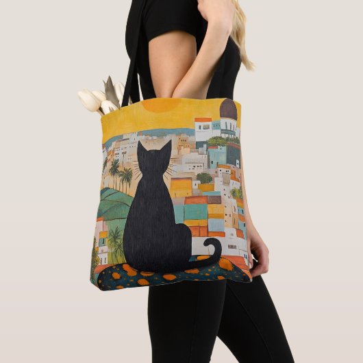 Zwarte Kat en Mooie Stad Tote Bag (Dichtbij)