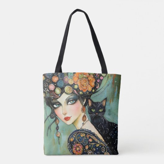 Zwarte kat en mooie vrouw Canvas tas (Achterkant)