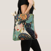 Zwarte kat en mooie vrouw Canvas tas (Dichtbij)