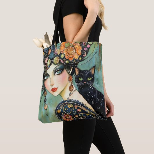 Zwarte kat en mooie vrouw Canvas tas (Dichtbij)