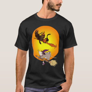 Zwarte Kat En Muis Rijden op Bezem Maan Halloween  T-shirt