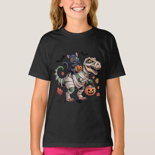 Zwarte kat en mummie T-Rex Halloween Ride T-shirt (Voorkant)