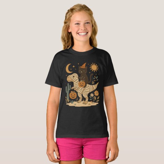 Zwarte kat en mummie T-Rex Halloween Ride T-shirt (Voorkant volledig)
